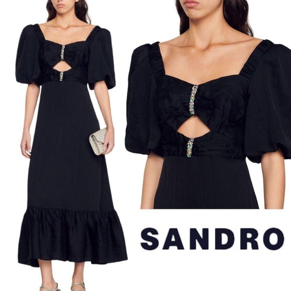 SANDRO Paris Rhinestone Embellished Long Black Dress EU 36 (US 2/4) NWT $580 - Picture 1 of 13